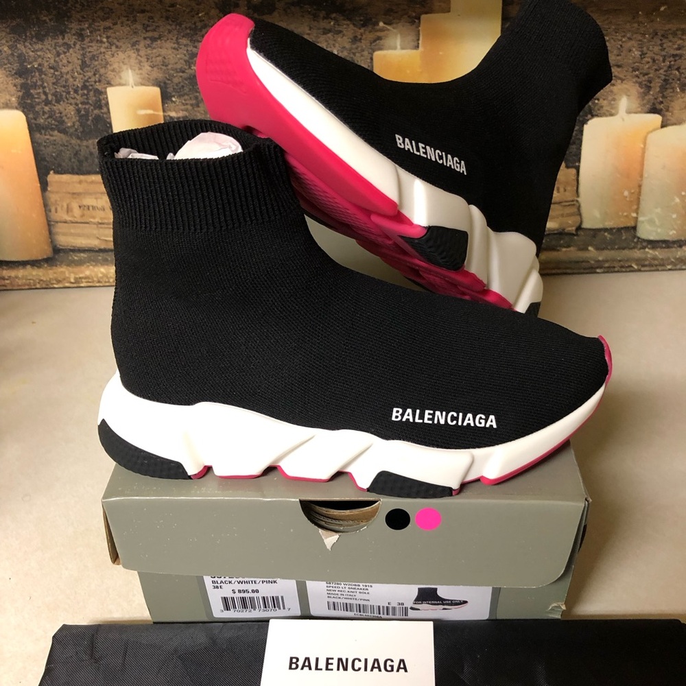 Balenciaga Speed Trainer Runner Sneaker Mid-Top Women Size 8 Black Pink White